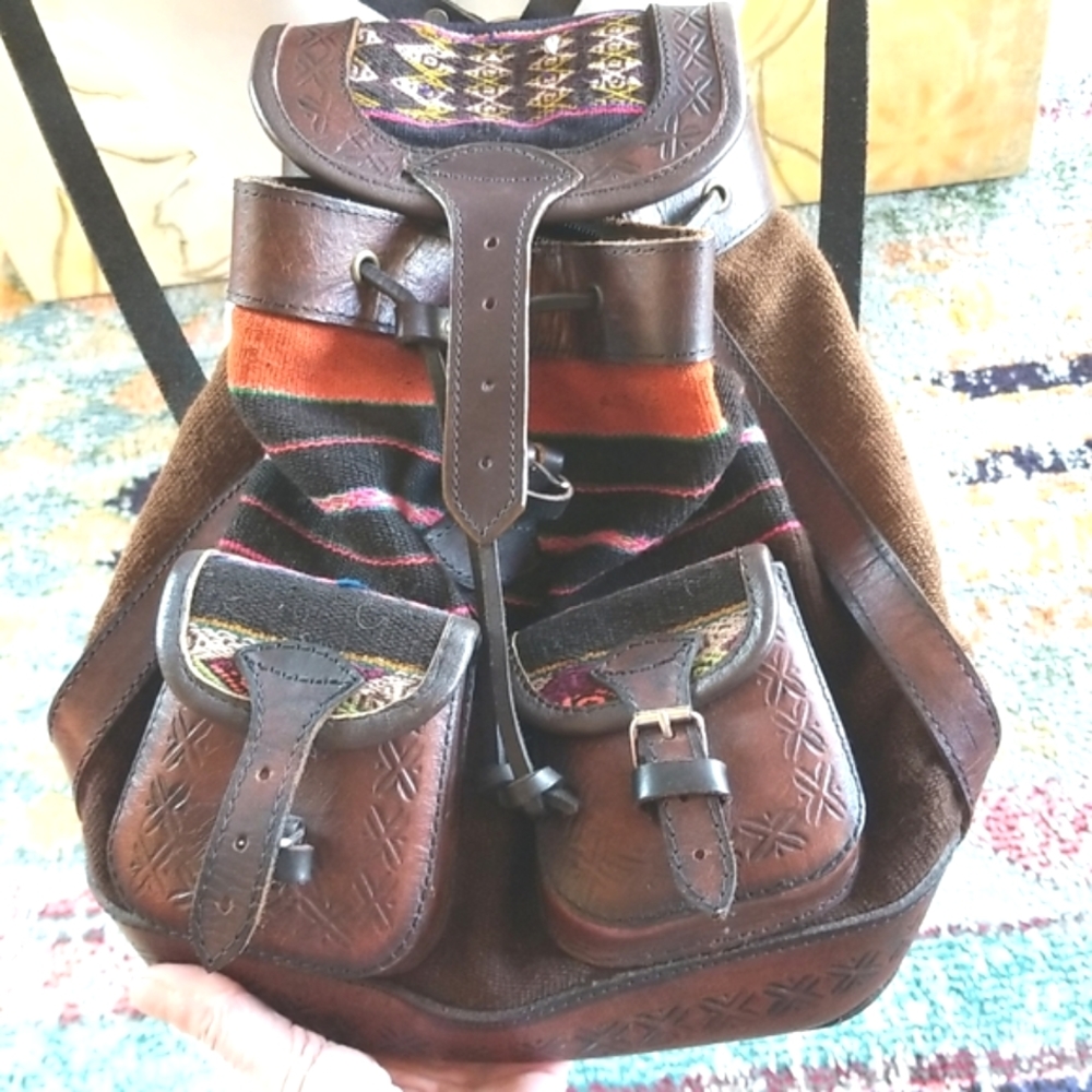 Taos LEATHER Blanket Wool Handcrafted Pockets Buckles Straps Unique BACKPACK EUC